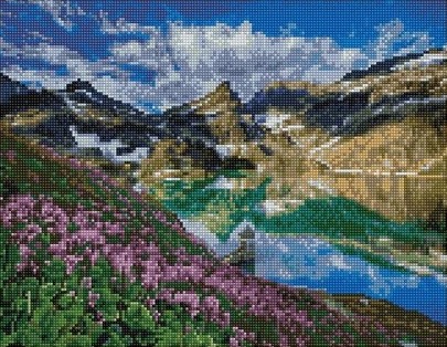 Алмазная вышивка Цветы у озера в горах
