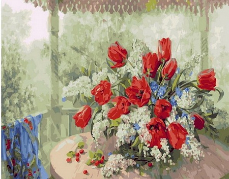 Картина по номерам Тюльпаны с черемухой