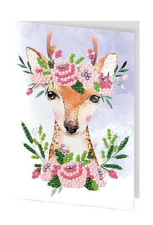 Алмазная вышивка на холсте открытка Оленёнок с цветами