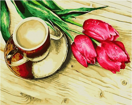Картина по номерам Тюльпаны и чашечка кофе