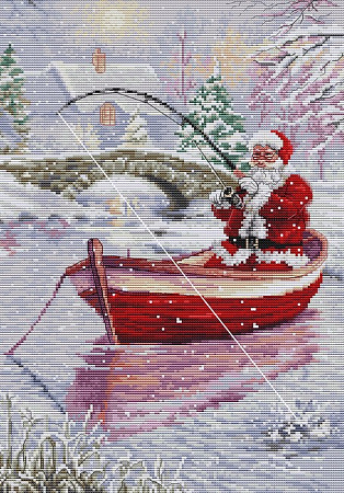 Вышивка крестом Дед Мороз на рыбалке