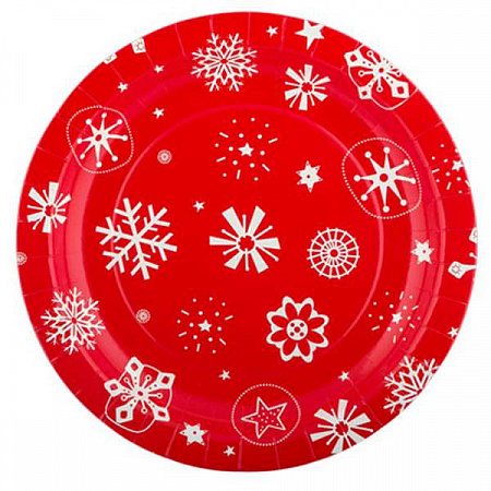 Тарелки бумажные "Круглые" 6 шт. снежинки на красном фоне