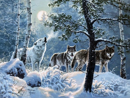 Волки в заснеженном лесу
