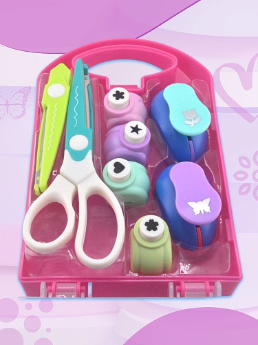 Набор фигурных дыроколов Ассорти, 6 штук+ фигурные ножницы, в кейсе