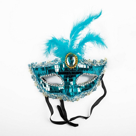 Маска карнавальная голубая с перьями