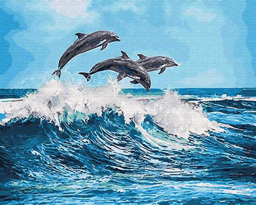 Дельфины над волной