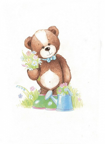 Медвежонок-садовод Скетч для раскраш. цветными карандашами